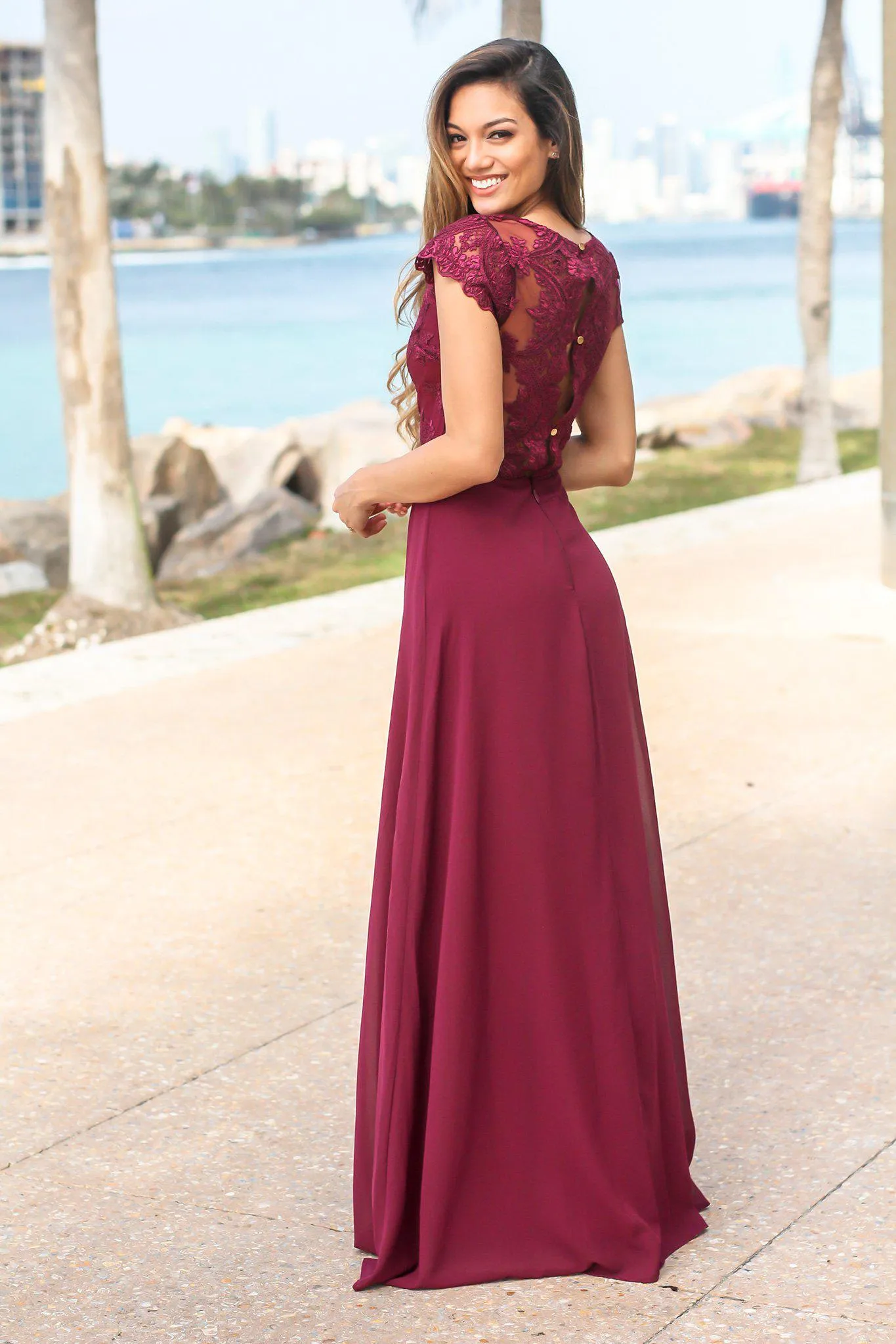Wine Maxi Dress with Embroidered Top and Slit