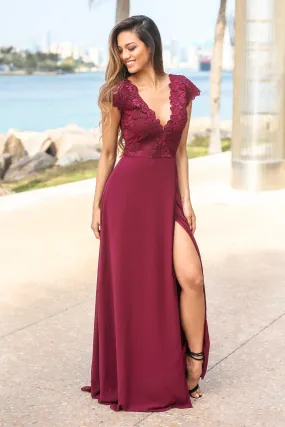 Wine Maxi Dress with Embroidered Top and Slit
