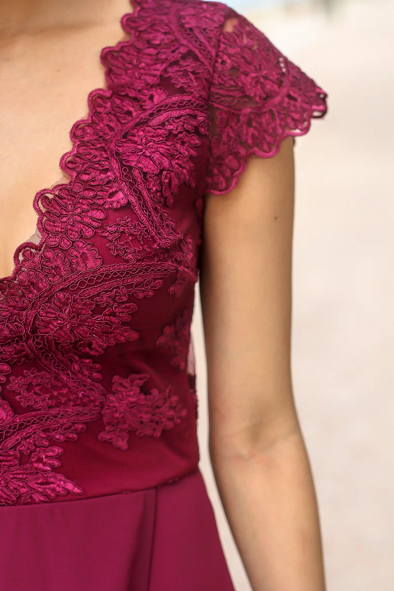 Wine Maxi Dress with Embroidered Top and Slit