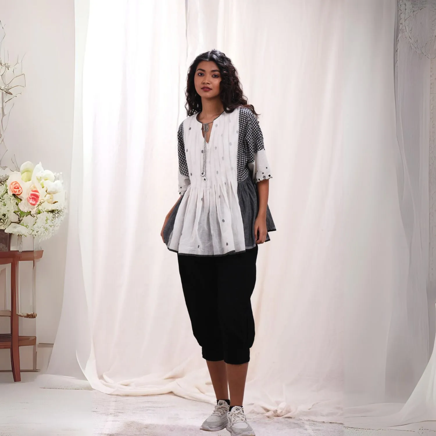 Women Flared Pleated Top | Cotton Jamdani | Black, Grey & White