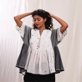 Women Flared Pleated Top | Cotton Jamdani | Black, Grey & White