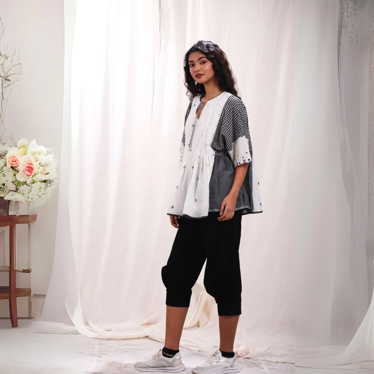 Women Flared Pleated Top | Cotton Jamdani | Black, Grey & White