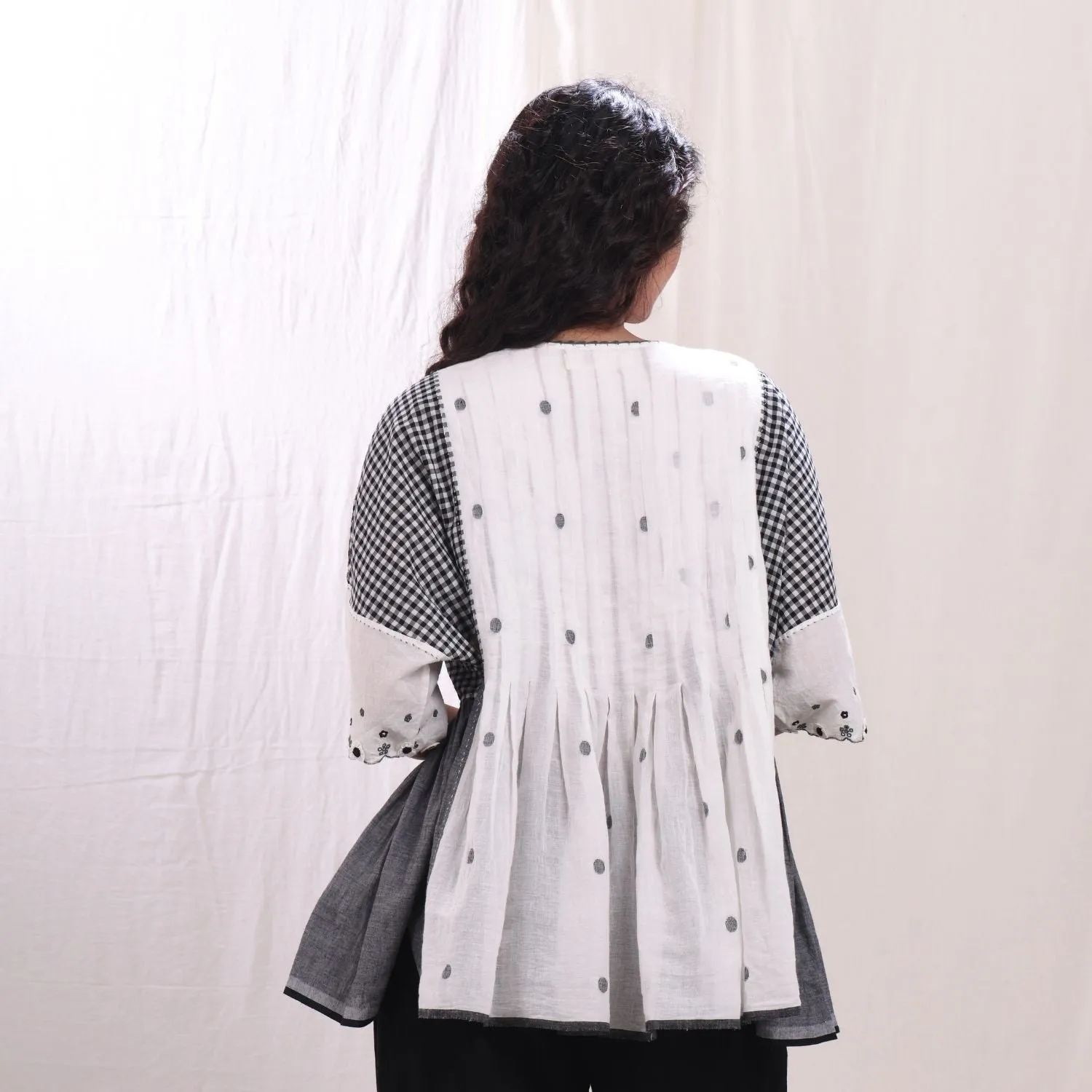 Women Flared Pleated Top | Cotton Jamdani | Black, Grey & White