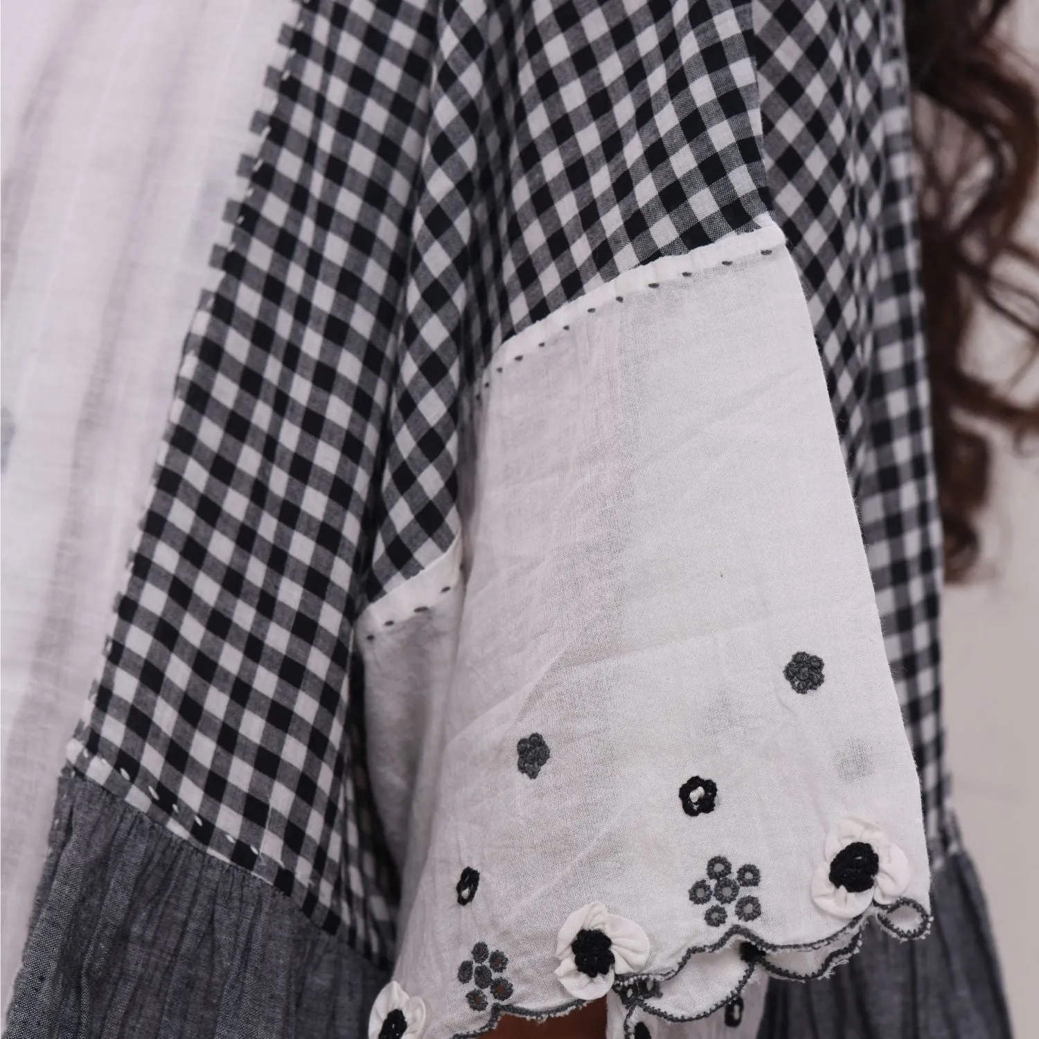 Women Flared Pleated Top | Cotton Jamdani | Black, Grey & White