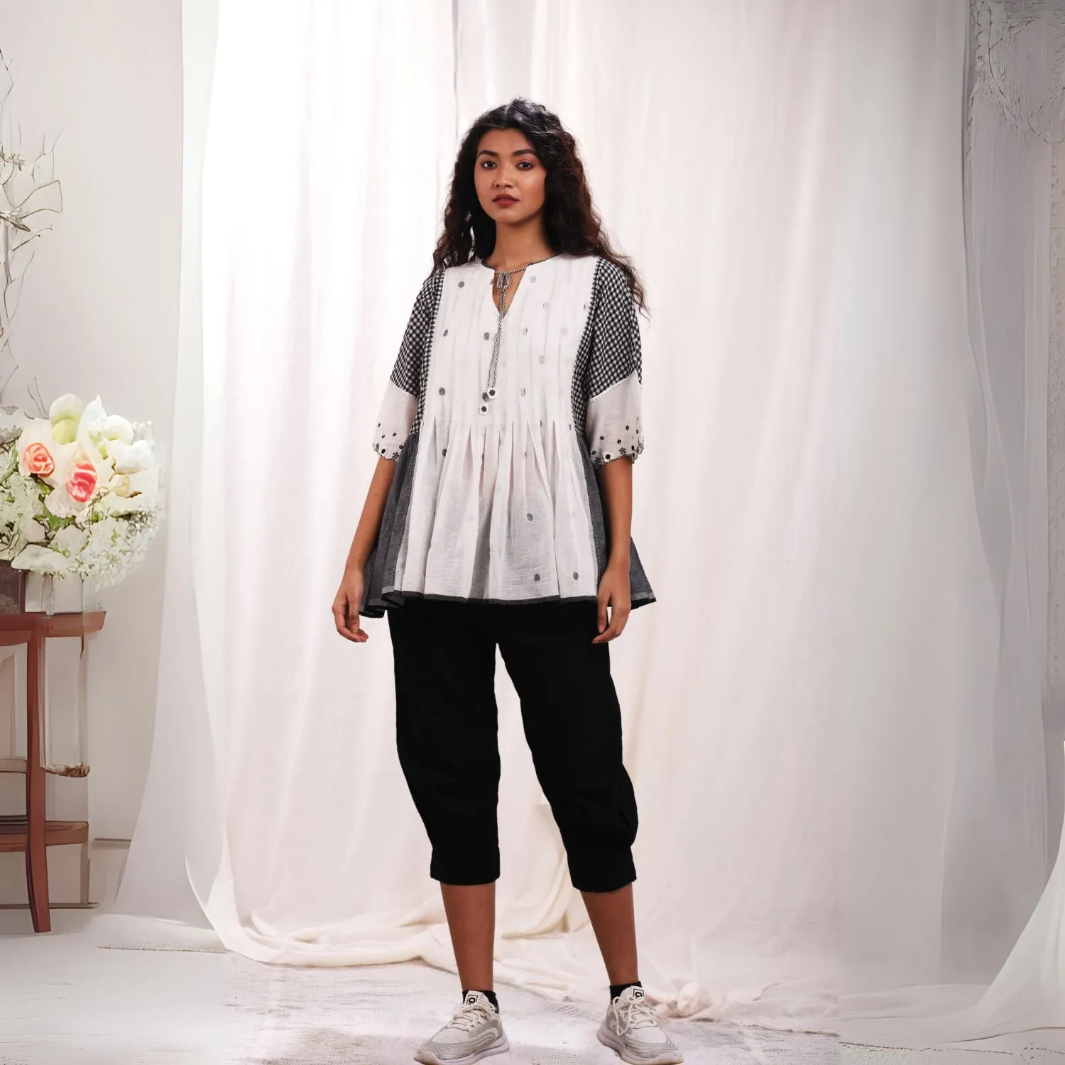 Women Flared Pleated Top | Cotton Jamdani | Black, Grey & White