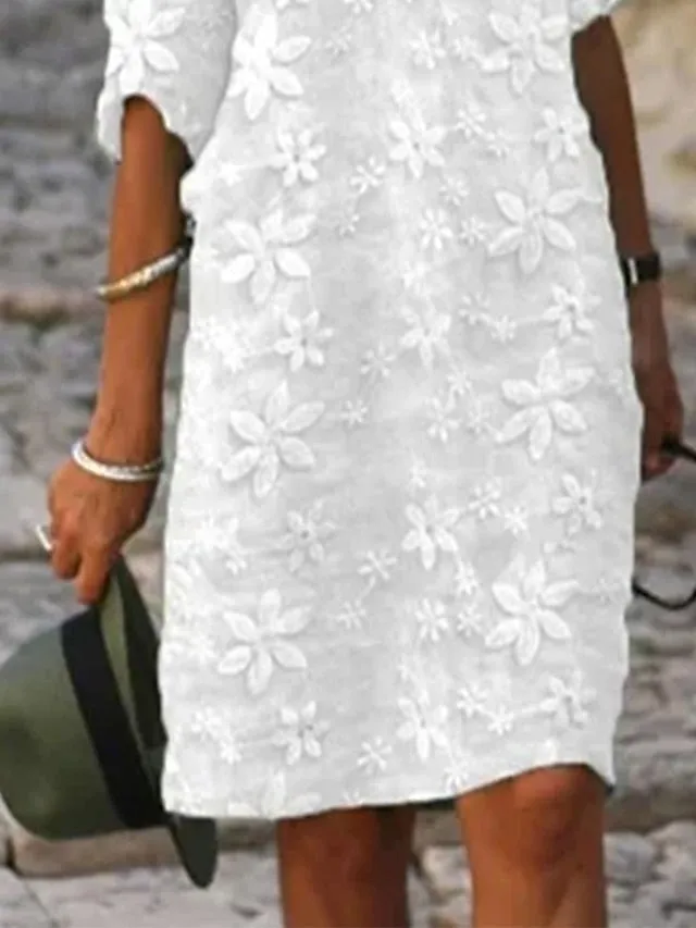Women's Cotton Linen Dress Casual Dress Shift Dress Midi Dress Cotton Fashion Modern Outdoor Daily Vacation V Neck Print Half Sleeve Summer Spring 2023 Loose Fit White Blue Green Flower S M L XL 2XL