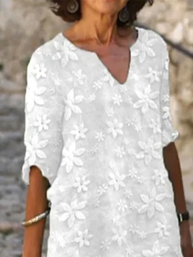 Women's Cotton Linen Dress Casual Dress Shift Dress Midi Dress Cotton Fashion Modern Outdoor Daily Vacation V Neck Print Half Sleeve Summer Spring 2023 Loose Fit White Blue Green Flower S M L XL 2XL