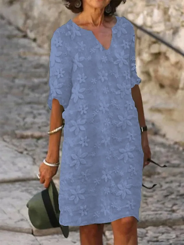 Women's Cotton Linen Dress Casual Dress Shift Dress Midi Dress Cotton Fashion Modern Outdoor Daily Vacation V Neck Print Half Sleeve Summer Spring 2023 Loose Fit White Blue Green Flower S M L XL 2XL