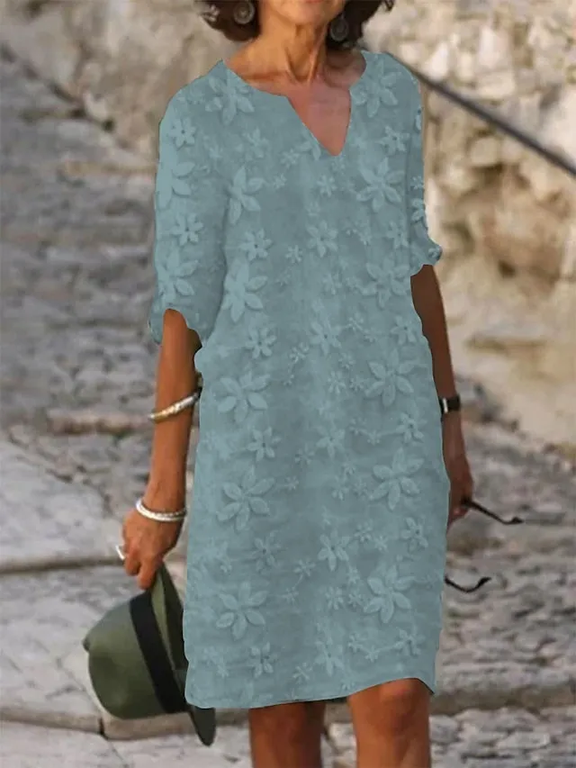 Women's Cotton Linen Dress Casual Dress Shift Dress Midi Dress Cotton Fashion Modern Outdoor Daily Vacation V Neck Print Half Sleeve Summer Spring 2023 Loose Fit White Blue Green Flower S M L XL 2XL